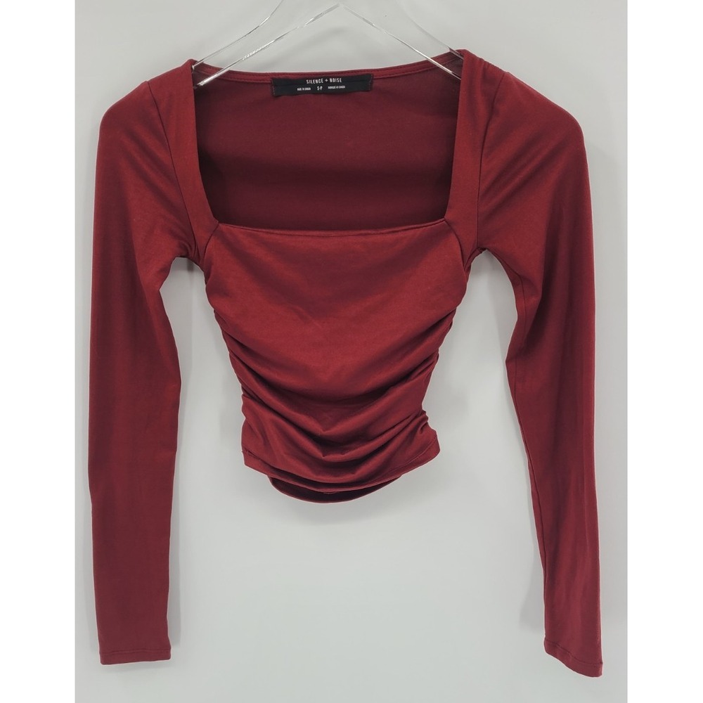 Silence + Noise Cropped Square Neck Top Size SP Ruched Long Sleeve Burgundy Slim